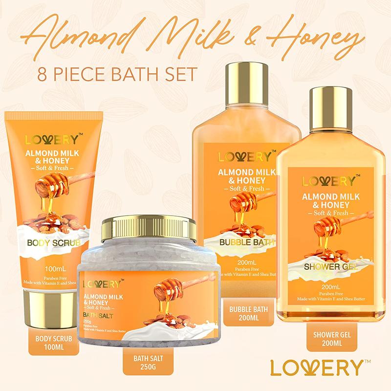 Luxe Almond Milk and Honey Spa Gift Basket - 10Pc Home Bath Kit Body Care Set