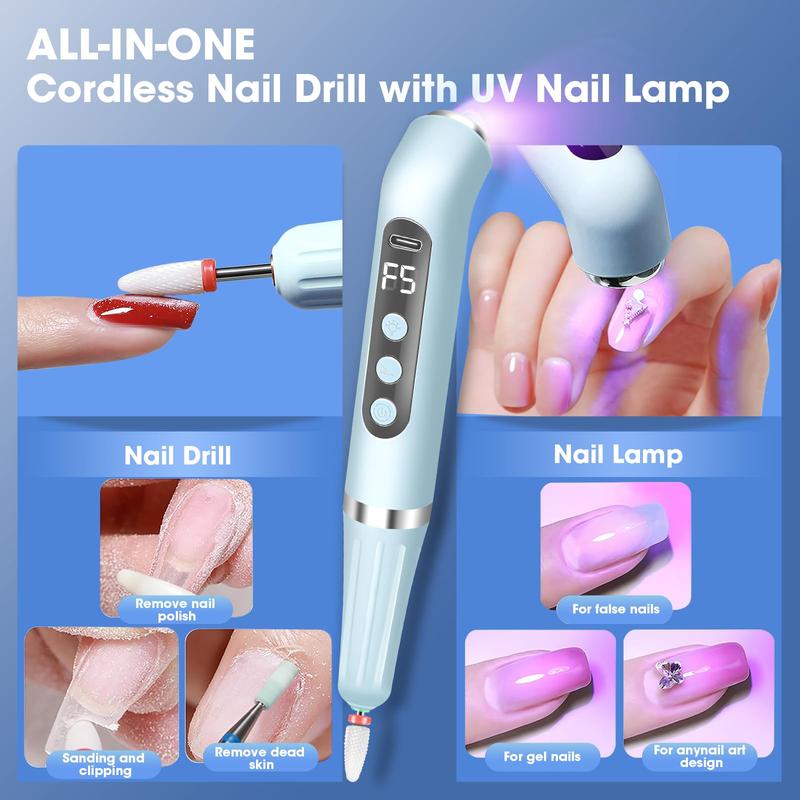 Cordless Nail Drill UV Nail Lamp 2 in 1 E Filer for Nails, Nail Drill Electric Nail File with Small UV Light for Gel Nails Kit for Acrylic Gel Nails Polishing Curing Manicure Pedicure